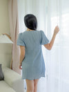 Hannah Textured Puffy Sleeves Buttons Romper Dress in Blue